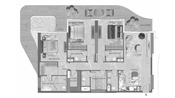 Планировка квартиры 3 спальни в ЖК Beverly Grande № 11014 (2D)