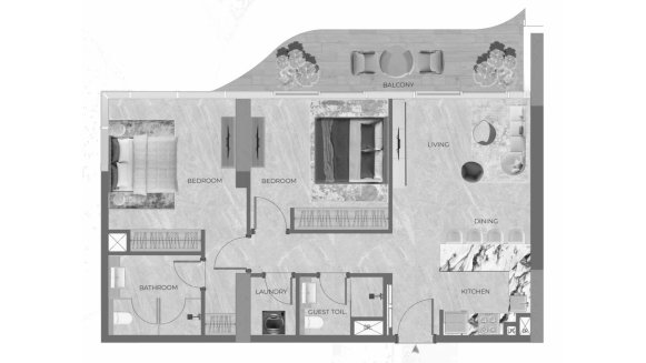 Property floor plan, 2 bedrooms in Beverly Grande No. 11013 (2D)